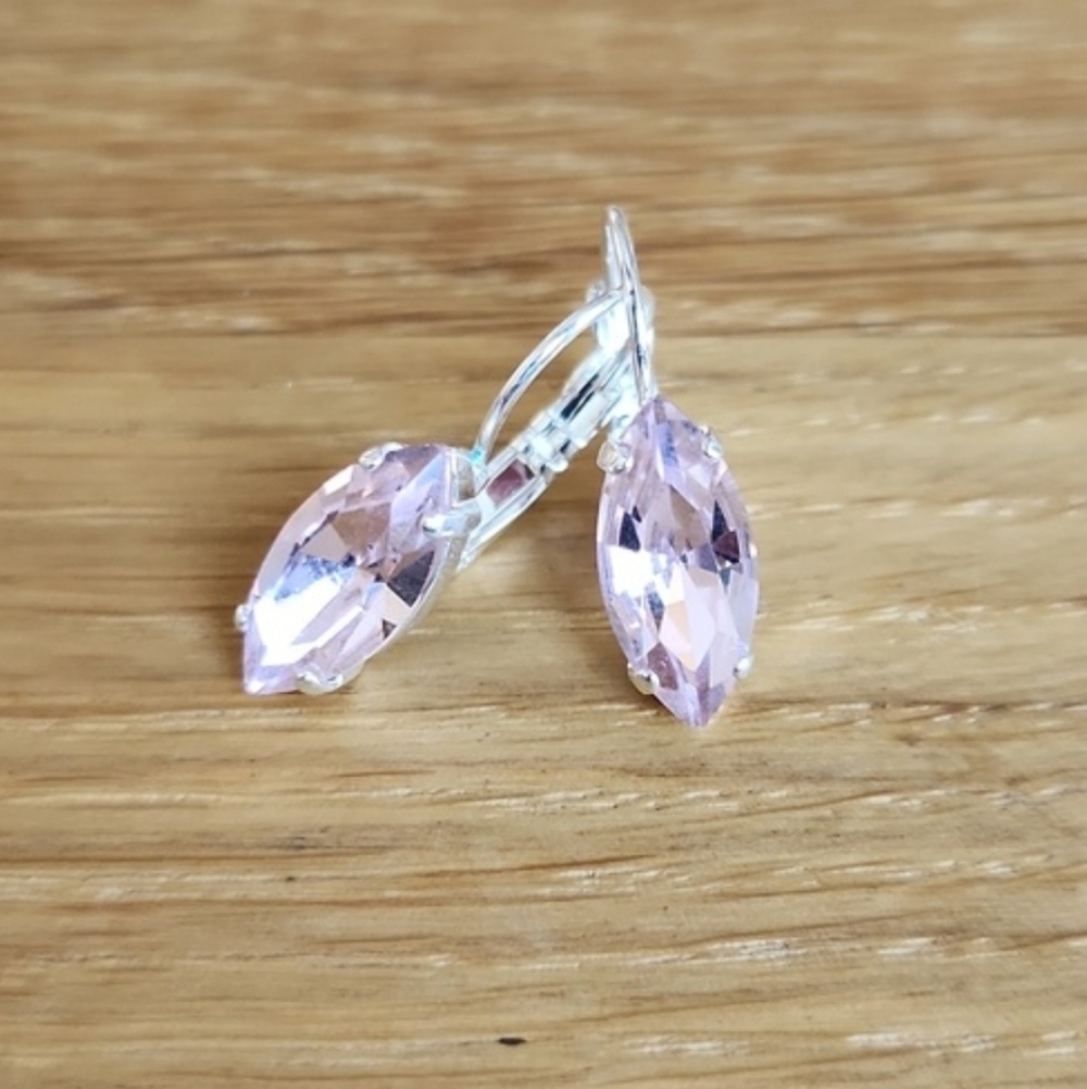 Silver Lever Back Drop Earrings, Light Pink Crystals, Hand Crafted - Picture 3 of 9